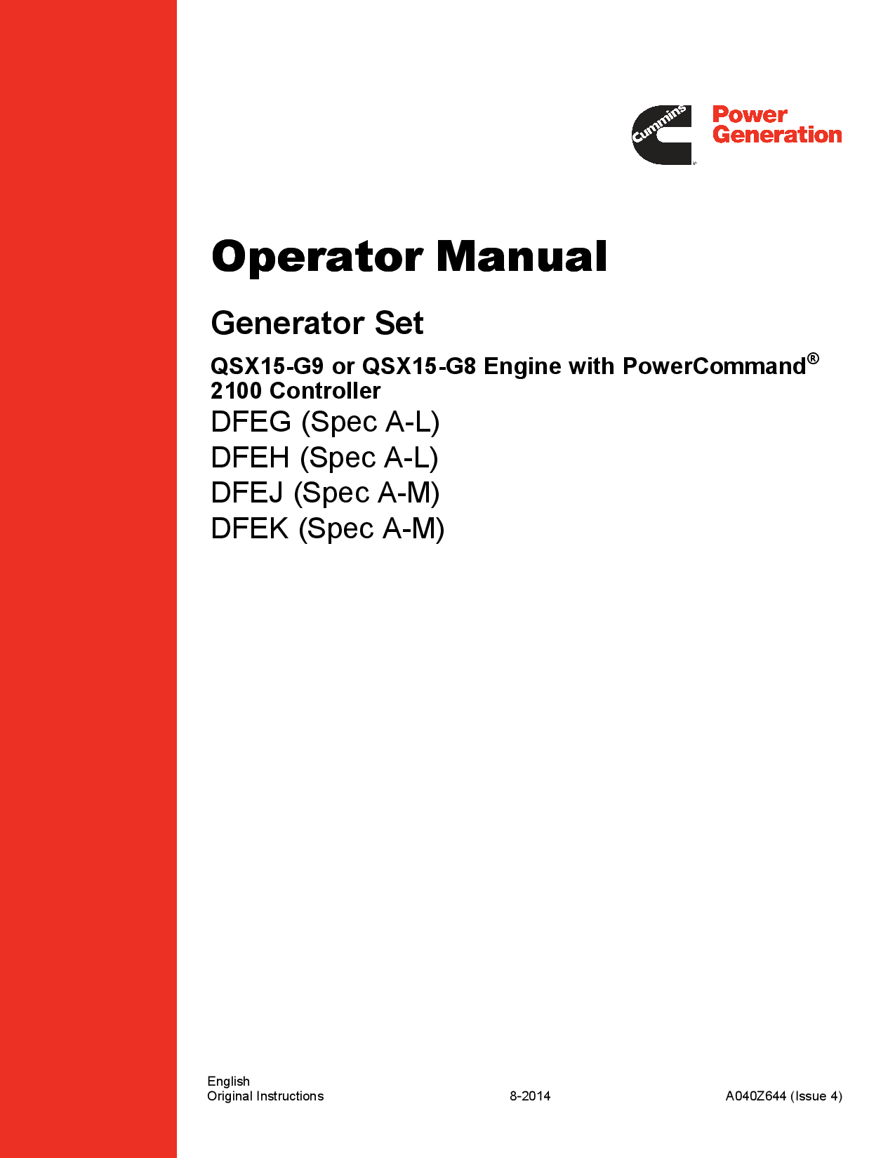 Cummins DFEG-K with QSX15 Engine, PCC 2100 Operator manual PDF Download