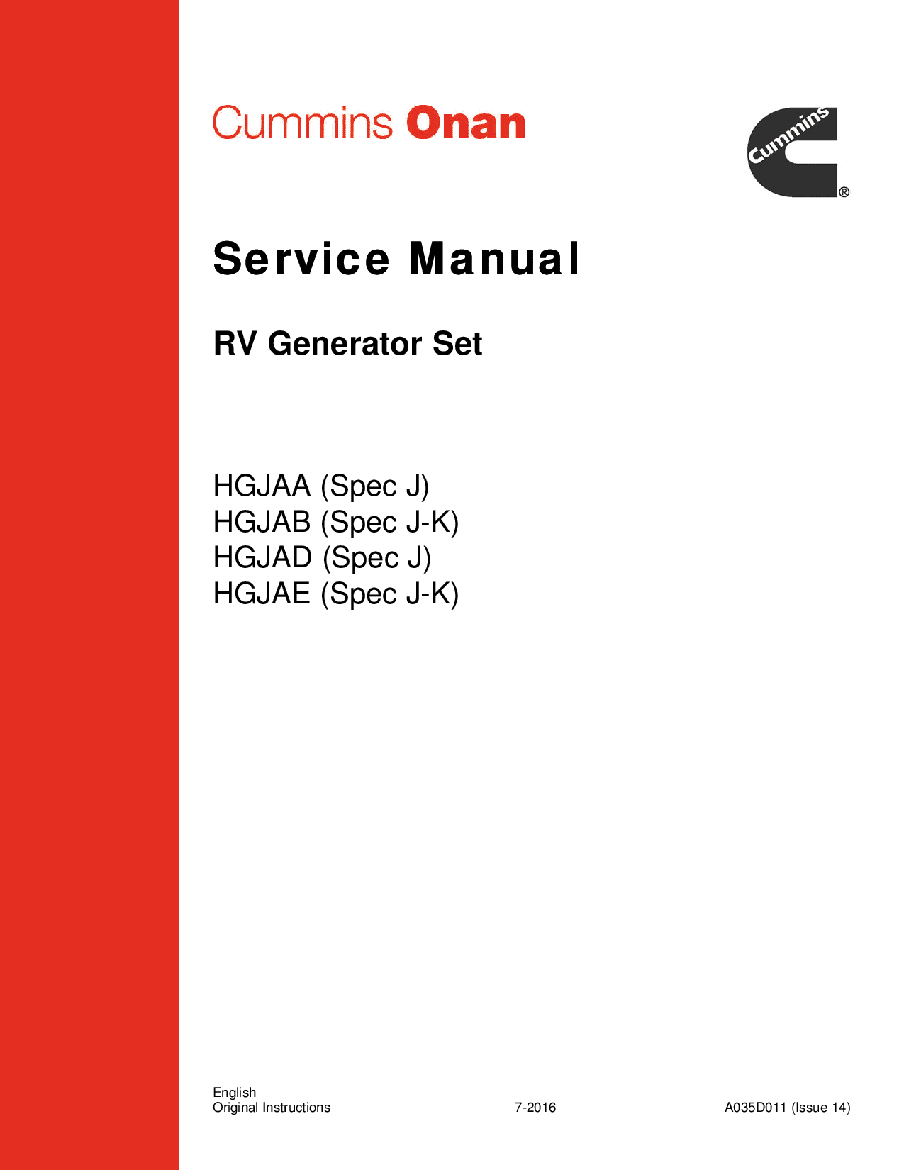Cummins HGJAA-E, Generator Set 5.5-7.0 kW Service Manual PDF Download